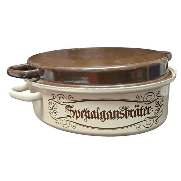 Vintage Large Tan & Brown Iron Roaster Frying Pan Roasting Pot Casserole Dish - Picture 1 of 13
